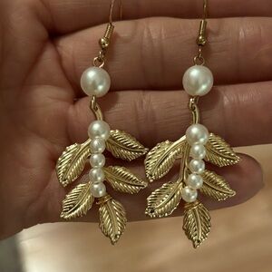 HANDMADE FAUX PEARL GOLD-TONE LEAF DROP HOOK 2.5" EARRINGS